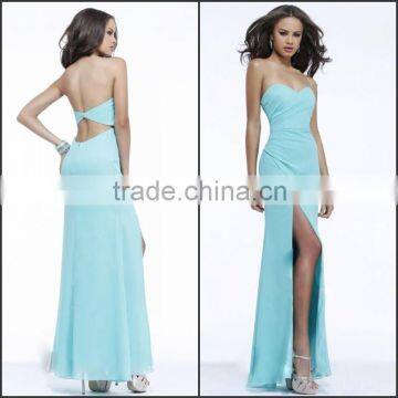 2015 New Sexy Pure Color Chiffon Evening Dress with Pleat and Sidr Split High Quality Sweetheart and Sleeveless Evening Dress