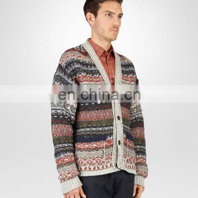 V Neck Multicolor Striped Cashmere Cardigan Sweater For Men photo-2