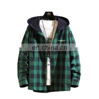 Custom Own Logo Men High Quality Cotton  new casual plaid hooded shirt fashion stitching trend casual men's plus size jacket