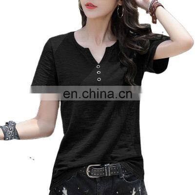 Manufacturer wholesale custom sports and leisure pure cotton short-sleeved women's plus size V-neck T-shirt