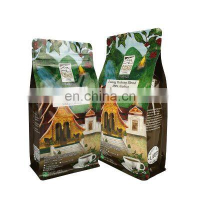 Recyclable standing zip plastic packaging bag custom food grade coffee beans powder pouch 250g flat bottom coffee bag with valve