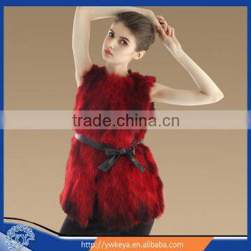 Long Style 2015 Winter Elegant Red Color Lady Real Raccoon Fur Vest With Belt