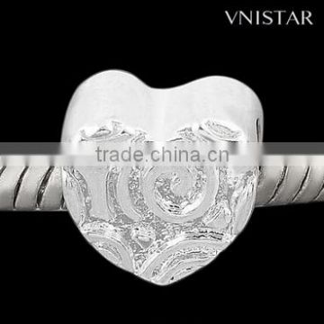 Vnistar Silver plated big hole heart-shaped metal alloy spacer bead with swirl raised PBD545, size in 10*10mm