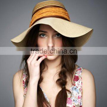 straw hats for holiday wide brim with golden lace decoration