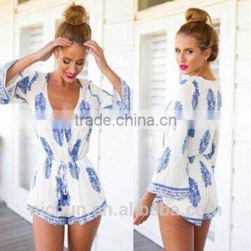 Sexy Women v neck Vintage Printed Tassel Bangdage Jumpsuit                        
                                                Quality Choice