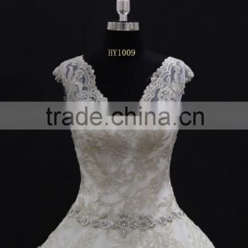 Silver lace with beading belt two straps ball gown wedding dress