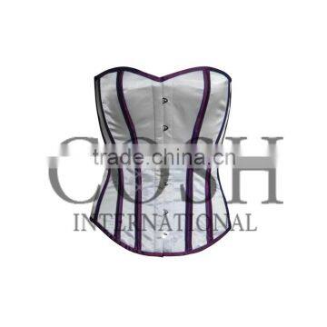 Overbust Corset in White-Purple Satin Pipping Ci-1178