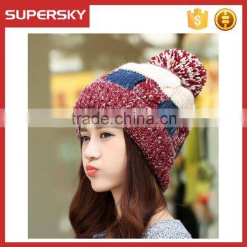 V-308 Cute pom pom slouchy winter knitting women top beanie hat cute knit earflap