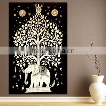 Indian Black Tapestry White Tree Elephant Wall Hanging Beach Sheet Etchnic Decor Art Good Luck Elephant