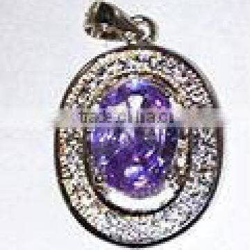 Amethyst and White Sapphire Oval Pendant in Sterling Silver SP003