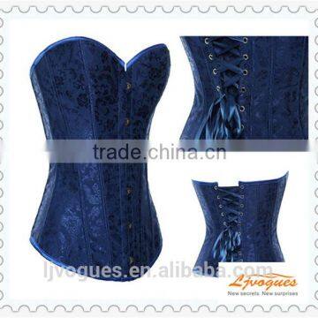 Blue Brocade lace Trimming Overbust Sexy Corset to wear out