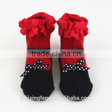 Wholesale custom soft and breathable cute baby shoe socks with bowknot lace made of cotton