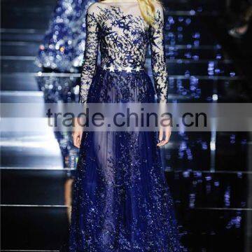 AR-82 Sexy See Through abendkleid kurz mit crystal Long Lace Appliques Sleeve bayan abiye Sequined Sash Blue Puffy Prom Dress