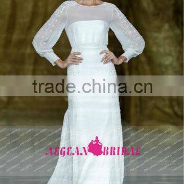 R13614 2013 Barcelona summer high collar beaded long sleeves organza muslim wedding gown