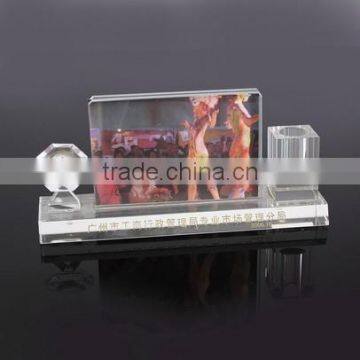 2016 China new innovative product crystal pen holder with hot photo and clock