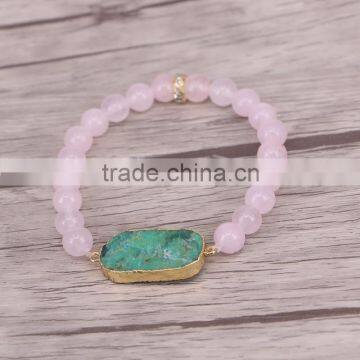 Gold Plated Australia Jade Connector Druzy Bracelet, Rose Quartz Stone Beaded Bracelets