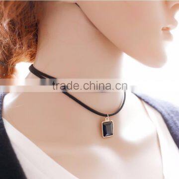 Black Double Layer Faux Leather Choker Necklace Dimond Shape Stone Pendant