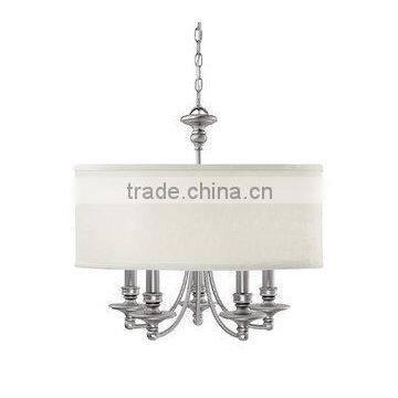 Matte Nickel 5 Light 1 Tier Drum Chandelier With White Fabric Round Shade