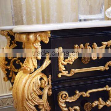 French Luxury Rococo Design Bedroom Furniture Nightstand Table / Golden Carved Wooden Commode Bedside Table photo-4