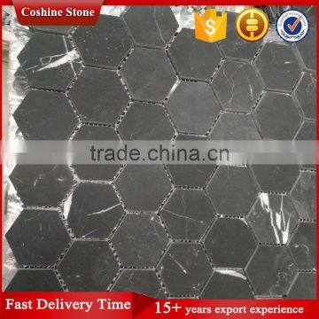 Honed Surface Hexagon Shaped Black Nero Marquina Marble Mosaic Art Floor Tile photo-3