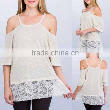 women clothing summer 2017 LIGHT WEIGHT KNIT LACE HEM DETAIL OFF SHOULDER TOP knitwear Women