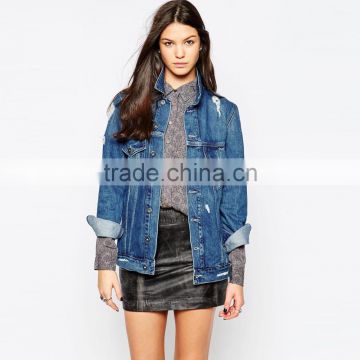 long style young girl ripped denim jacket women cheap