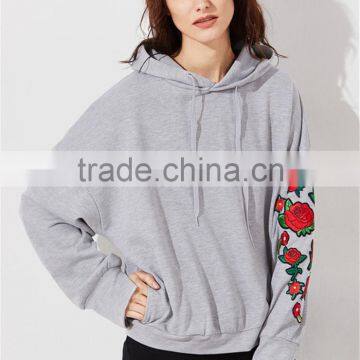 MGOO Custom Design Lightweight Drop Shoulder Heather Grey Embroidered Rose Applique Dolman Sleeve Hoodie photo-4