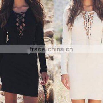 Hot Sale Long Sleeve Tie up v Neck Bodycondress Fashionable Women Normal Casual Women Dress Dress Women