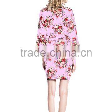 Wholesale Kimono Style Bridesmaid Robe Knee Length Cotton Floral Robe FR0018 photo-2