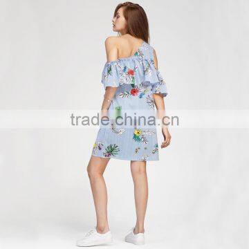 Oblique Shoulder Layered Dress, 2017 Ladies Blue Floral Print Dress photo-6