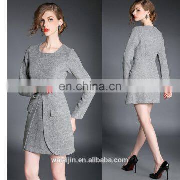 High quality ladies polyester dress, long sleeve big pocket dress,tweed dress fashion