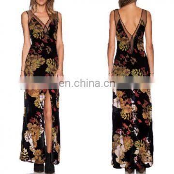 Floral printed split maxi dress for woman with back v neck design