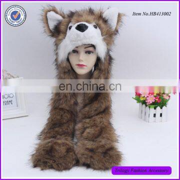 Factory Custom Made Animal Fur Hoods Plush Animal Head Hat