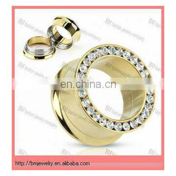 Fashion gold plated threaded flesh tunnel with jeweled crystal ear plug body piercing jewelry rings