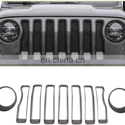 Black Front Grille Insert and Headlight Light Cover Trim Fit For 2018 Jeep Wrangler JL Sport/Sports