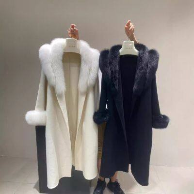 Double-sided woolen cashmere coat for women, 2024 autumn and winter new style fox fur collar mid-length slimming coat