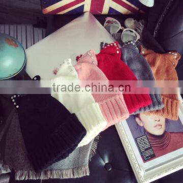 Fashion Charm Ladies Rhinestone Jewelry Pearl Bowknot Ear Cap Hat Beanie