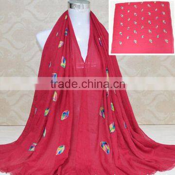 New Style Korea Lady Fashion Cotton 3D Colorful Leaf Embroidery Viscose Shawl