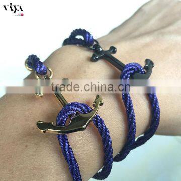 Gold Steel Black Anchor Bracelet with Blue Black Purple Green Red Rope Nylon Cotton Stainless Steel Jewelry Unisex Bangle
