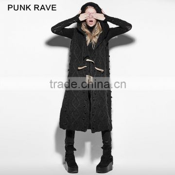 PM-039 Punk Black mechanism of pattern Loose Sleeveless Hooded Sweater With Claw Buckle Decoration