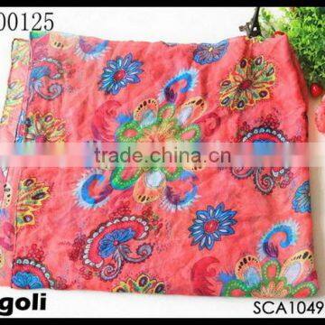 big flowers & grass printed red long scarf