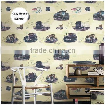 low price printing pvc coated wallpaper, apricot yellow for kids cars wall covering for kids , removable wall decal sample