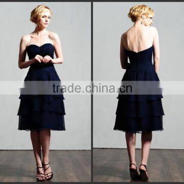 2015 Cheap Chiffon Tiered Sweetheart Knee Length Navy Bridesmaid Dress HA-138