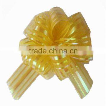 HOT SALE ! 4 Inch Yellow Organza / Organdy / Sheer / Mesh Stripe Ribbon POM POM Pull Bow                        
                                                Quality Choice