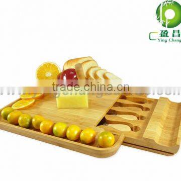 wooden bamboo rectangular cheese board with knives set