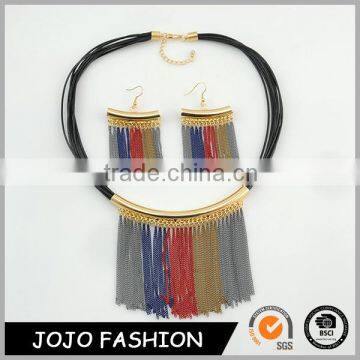 Fashion leather choker necklace witn metal tassel earrings costume jewelry set                        
                                                                                Supplier's Choice