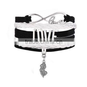 Love infinite braided leather bracelet wholesale Custom Antique silver America state New Jersey map charm bracelet