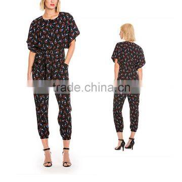 Fashion Design Short Sleeve Printed Tie Waist Jumpsuit For Woman S1045