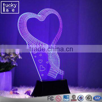 High 3d illusions lighting heart shape colorful 3d led night light with remote control