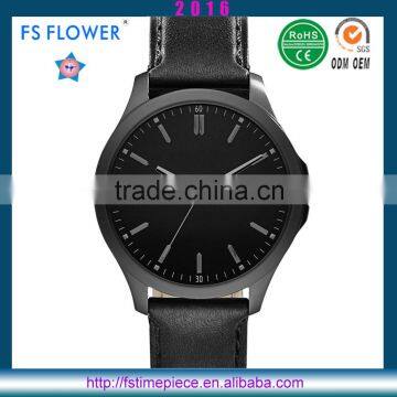 FS FLOWER - Classical Men Watch Black Case Leather Watch Strap Quartz Stainless Steel Back Watch